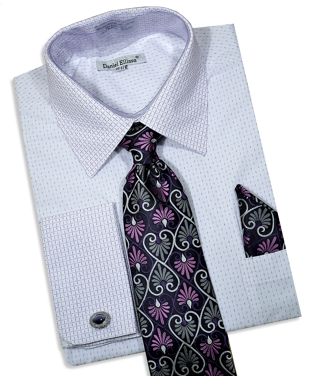 Daniel Ellissa Lilac / White Contrast Pattern Dress Shirt / Tie / Hanky / Cufflinks Set DS3792P2